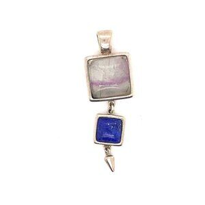 Estate Designer Sterling Silver, Lapis‎ & Agate Dangle Drop Pendant! 93